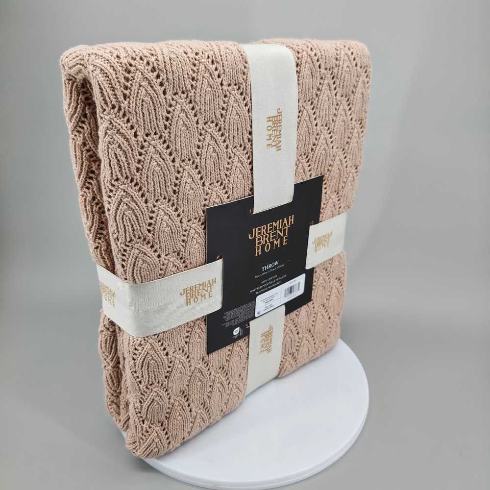 Jeremiah Brent Home Knitted Pointelle Scallop Throw Sand 50x60 100% Cotton NWT - Picture 4 of 7